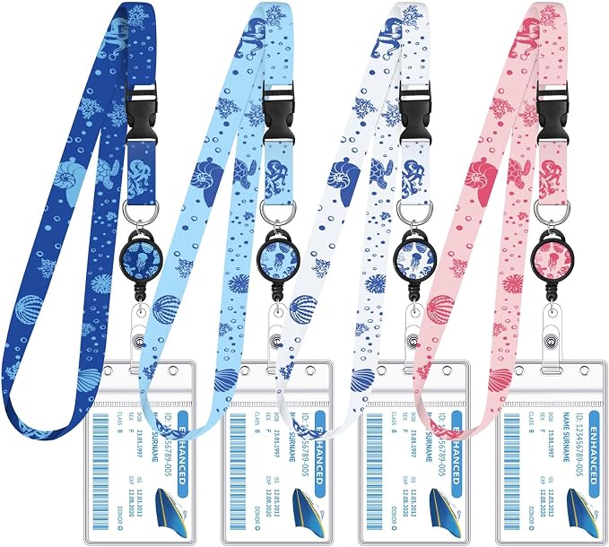 HONSIO 4 Pack Cruise Lanyard for Ship Cards, Cruise Essentials 2026, Ocean | Detachable, Retractable Badge Reels & Waterproof ID Badge Holders, Cruise Must Have for Carnival, Royal Caribbean, NCL