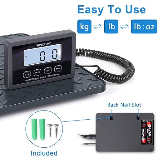 THINKSCALE Shipping Scale, 440 lb x 1 oz Postal Scale with Hold & Tare | One-Piece Plastic Platform, Backlit LCD, Easy Read. for Packages, Luggage, Mailing & Postage, Battery + AC adapter included