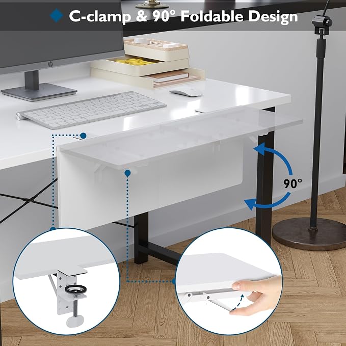 BONTEC Ergonomics Desk Extender Tray, 27.2 x 9.5 Inch, White | 90° Foldable Keyboard Tray Platform, Table Mount Arm Rest Shelf, Clamp on Computer Arm Rest for Office Use