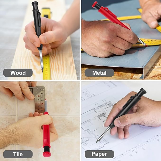 2 Pack Carpenter Pencils Mechanical Pencils with 12 Refills, Construction Pencils with Built-in Sharpener, Long Nib Deep Hole Pencil Marker, Heavy Duty Woodworking Pencil for Architect (2 Colors)