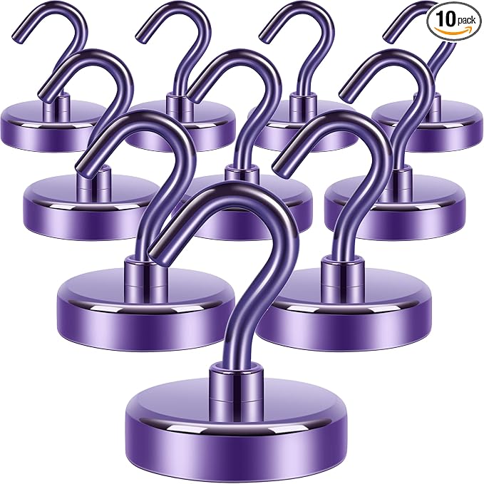 Neosmuk Magnetic Hooks, Heavy Duty 85lb+ Strong Magnet Hook for Cruise Cabins, Cruise Essentials 2026 for Hanging, Metal Wall Refrigerator Hangers (Purple, 10 Pack)