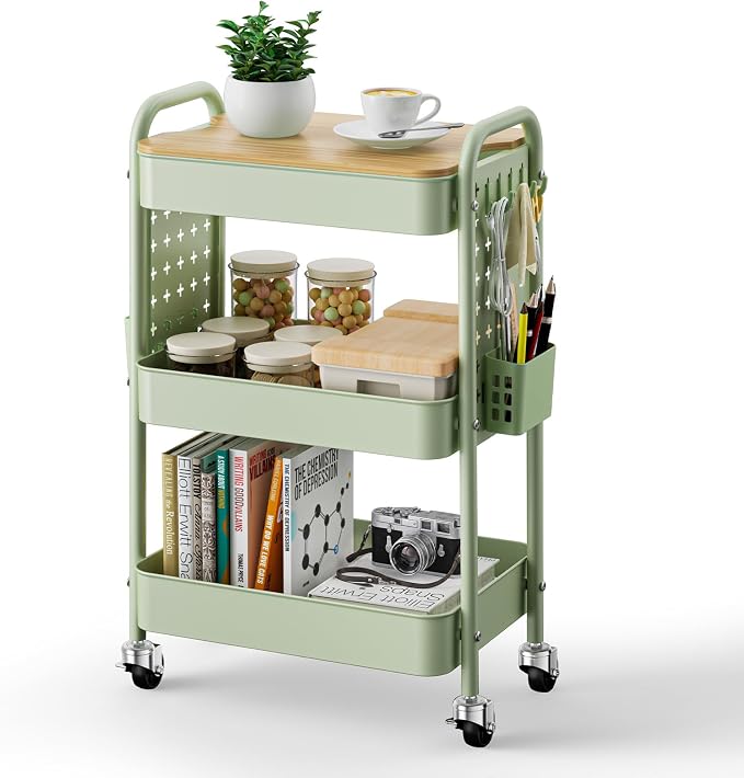 3 Tier Rolling Cart with Table top, Metal Utility Cart with DIY Pegboard | Sturdy Storage Organizer Cart with Locking Wheels,Hooks& Cups for Office, Classroom, Kitchen and Bathroom, Green