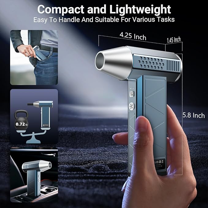 Compressed Air Duster, 380000RPM Powerful Electric Air Duster with LED Light, 4-Gear Rechargeable Mini Blower with Brushless Motor, Jet Dry Blower for Computer, Keyboard, Home, Car, Outdoor