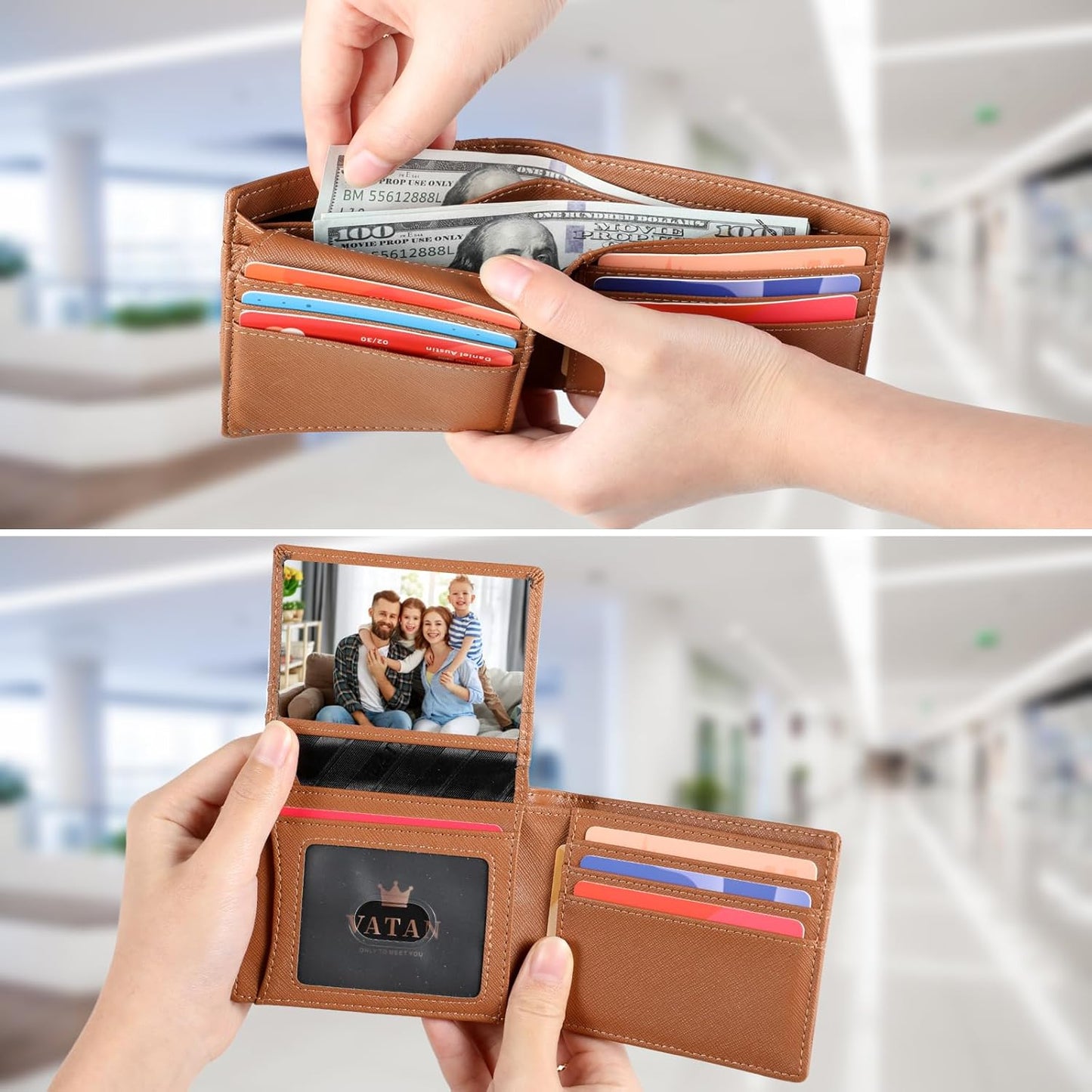 VATAN Wallet for Men, Mens Minimalist Wallet Credit Card Holder, Slim Leather Rfid 2 ID Window Large Capacity With Gift Box (Cross Grain Brown)