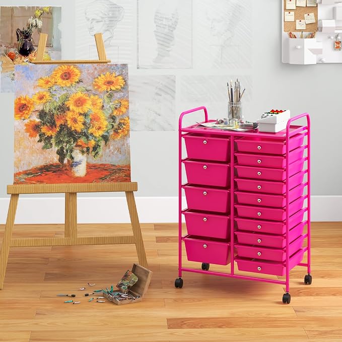 GLACER 15 Drawers Rolling Storage Cart, Steel Frame Craft Organizer Cart | Utility Cart w/Lockable Wheels & Sleek Handle, Mobile Art & Tool Supply Trolley for Teacher, Home, School, Office (Hot Pink)