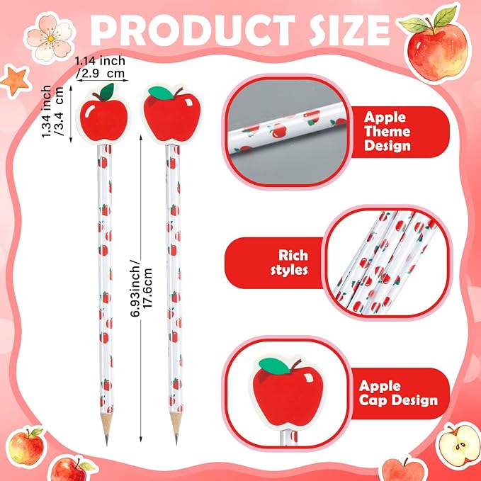 32 Pcs Apple Theme Pencil with Eraser Back to School Party Favors First Day of School Stationery Supplies for Classroom Exchange Gift Student Teachers' Day Reward Supplies