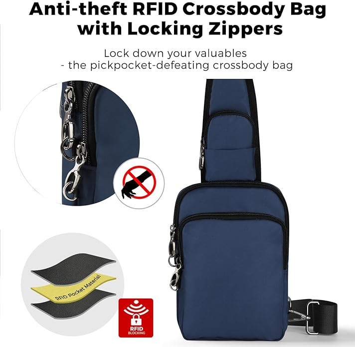Sling Bag, Crossbody Bag with Zipper Lock, RFID Blocking & Water Resistant for Men and Women