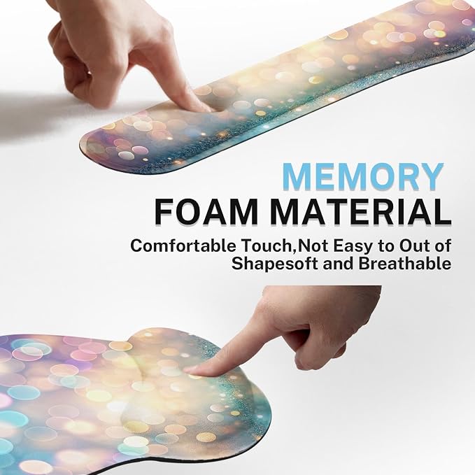 Ergonomic Mouse Pad Set with Wrist Rest, Glitter Gold | Fantasy Colorful Non-Slip Rubber Base Wrist Cushion Support and Coasters Mousepad with Wrist Support for Computer Keyboard