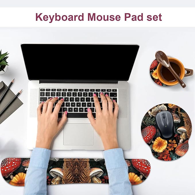 Keyboard Wrist Rest and Mouse Wrist Rest Pad with Cup Coaster,Made of Memory Foam,Ergonomic Support,Easy-Typing and Pain Relief,for Gaming Office Home Computer,Cute Forest Mushroom