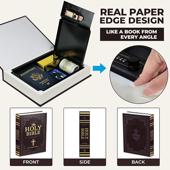 Book Safe with Combination Lock, Hidden Safe (10.9 x 7.7 x 1.8 Inch) with Fireproof Bag, Secret Diversion Safe, Hollow Book Box Hidden Storage, Money Safe Box for Cash (Bible)