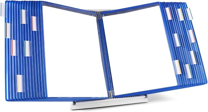 Tarifold Desktop Reference Display System, 30 Pockets, Expandable, Blue | 30 double-sided PVC pockets, holds 60 letter-size sheets, sturdy metal base, quick-find indexing, quick and easy to assemble