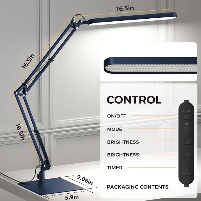 LED Desk Lamp with Slim Base - Adjustable Swing Arm Desk Light, Dimmable, Timer, Eye Protection, Memory Function, 1300LM, 12W, Blue