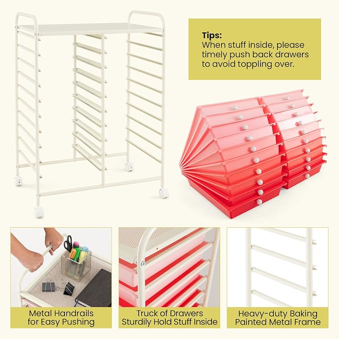 COSTWAY 20-Drawer Rolling Storage Cart, Utility Storage Organizer Cart | For Tools, Scrapbook, Paper, Craft, Multipurpose Storage Trolley on Wheels for Home Office School (Mixed Pink)