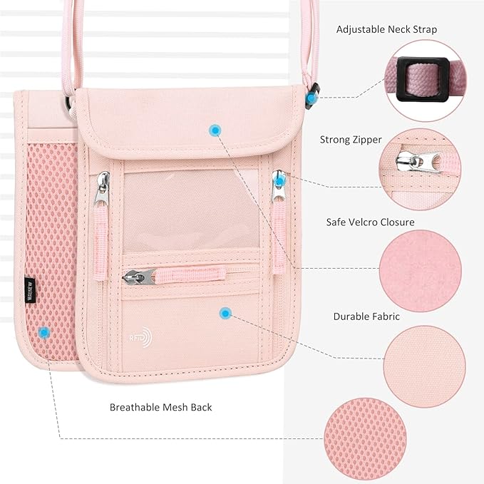 WALNEW Passport Holder Neck Pouch Travel Wallet for Women and Men, RFID Blocking Security Slim Traveling Wallet with Around Neck Lanyard Strap, Pink | Around Neck Lanyard Strap, Travel Safety Anti Theft Bag, Neck Wallet for Traveling Women