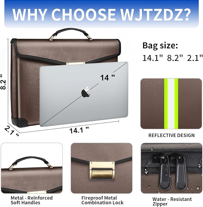 6500°F Fireproof Document Bag with Lock,Upgraded Fireproof/Waterproof Money Bag with Zipper/Reflective Strip,Storage Pouch for A4 Letter Size Document,Cash,Cell Phone,Passport