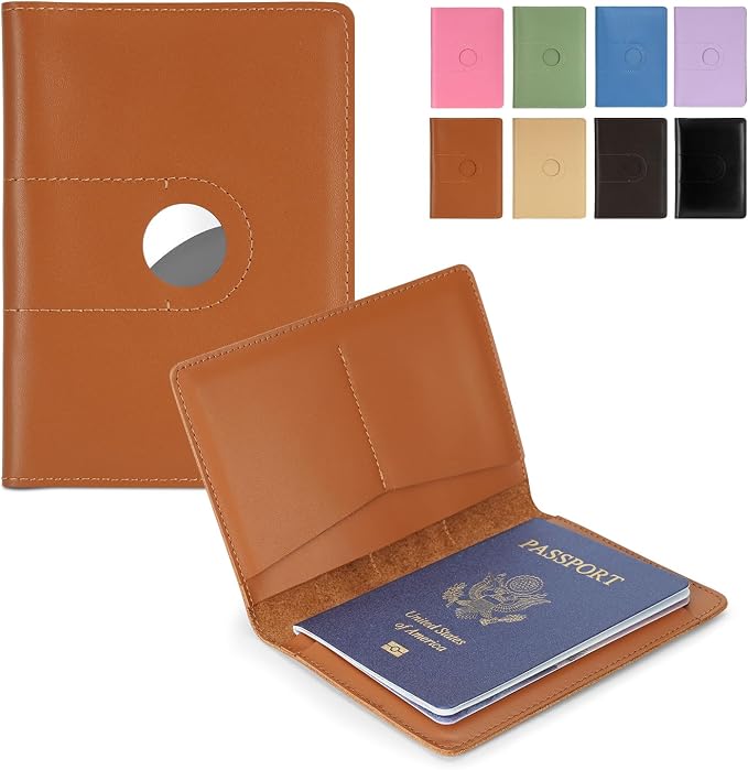 Full Grain Leather Passport Holder Cover for Men and Women Travel, Passport Wallet with AirTag Slot, Travel Must Haves Essentials Genuine Leather Passport Covers Gifts