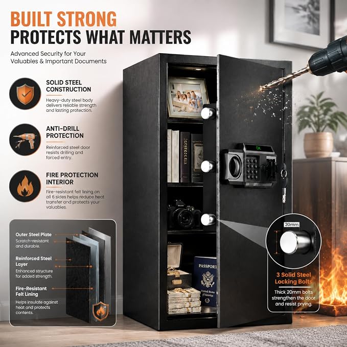 Large Biometric Fireproof Safe, 6.0 Cub Fingerprint Safe for Home Office | Quick Fingerprint Unlock, Anti-Theft Alarm, Mute Mode, Anchor Design, Sensor Light, Removable Shelf