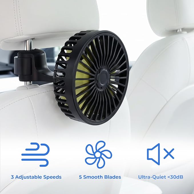Kwak's Car Fan for Back Seat Clip-on USB, 3-Speed Quiet Portable | 55" Long Cord|Built-in Fragrance Slot|5 Quiet Blades| Reversible Mount| fits Headrest Rods|for Car/Office/Home.