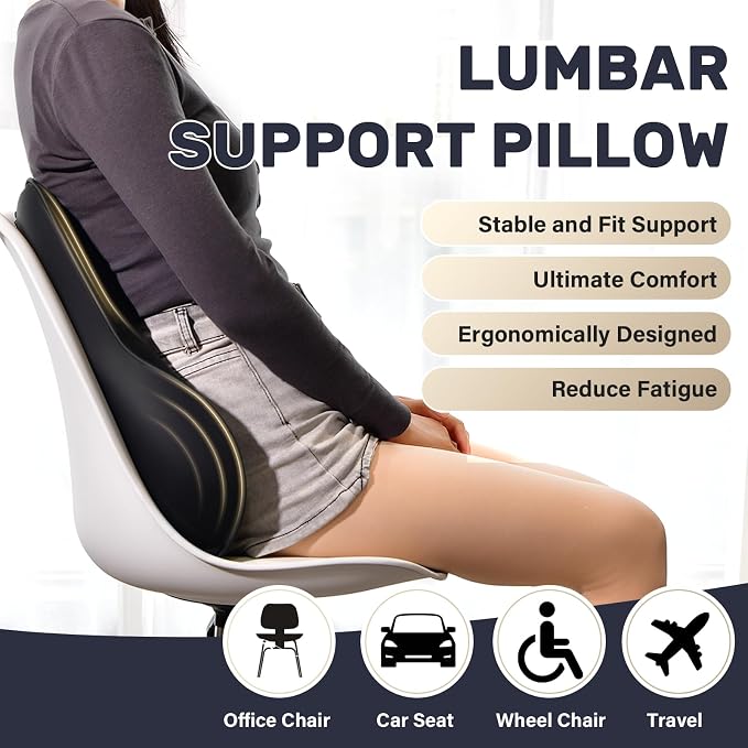 Coverado Lumbar Support Pillow for Car, Ergonomic Memory Foam Back Pillow for Office Chair, Back Cushion for Back Pain Relief, PU Leather Car Lumbar Support for Driving Seat - Black