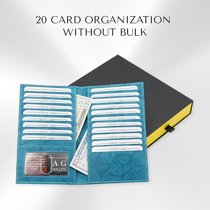 20 Card Wallet for Men, Long RFID Leather Credit Card Holder, Peacock Blue | 2 Bill Compartments | ID Window | Open Bifold | Organized Carry | Jacket Friendly