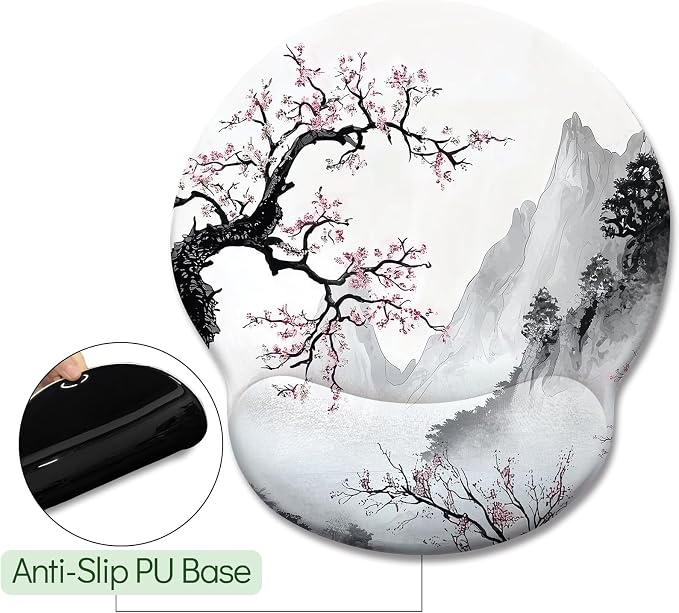 LIMKRIAN Japanese Ergonomic Mouse Pad with Gel Wrist Rest, 9.8 x 8.6 in | Non-Slip PU Base, Smooth Surface, Cooling Gel Eases Wrist Pain, Comfort Wrist Support Computer Office Desk Accessories Decor