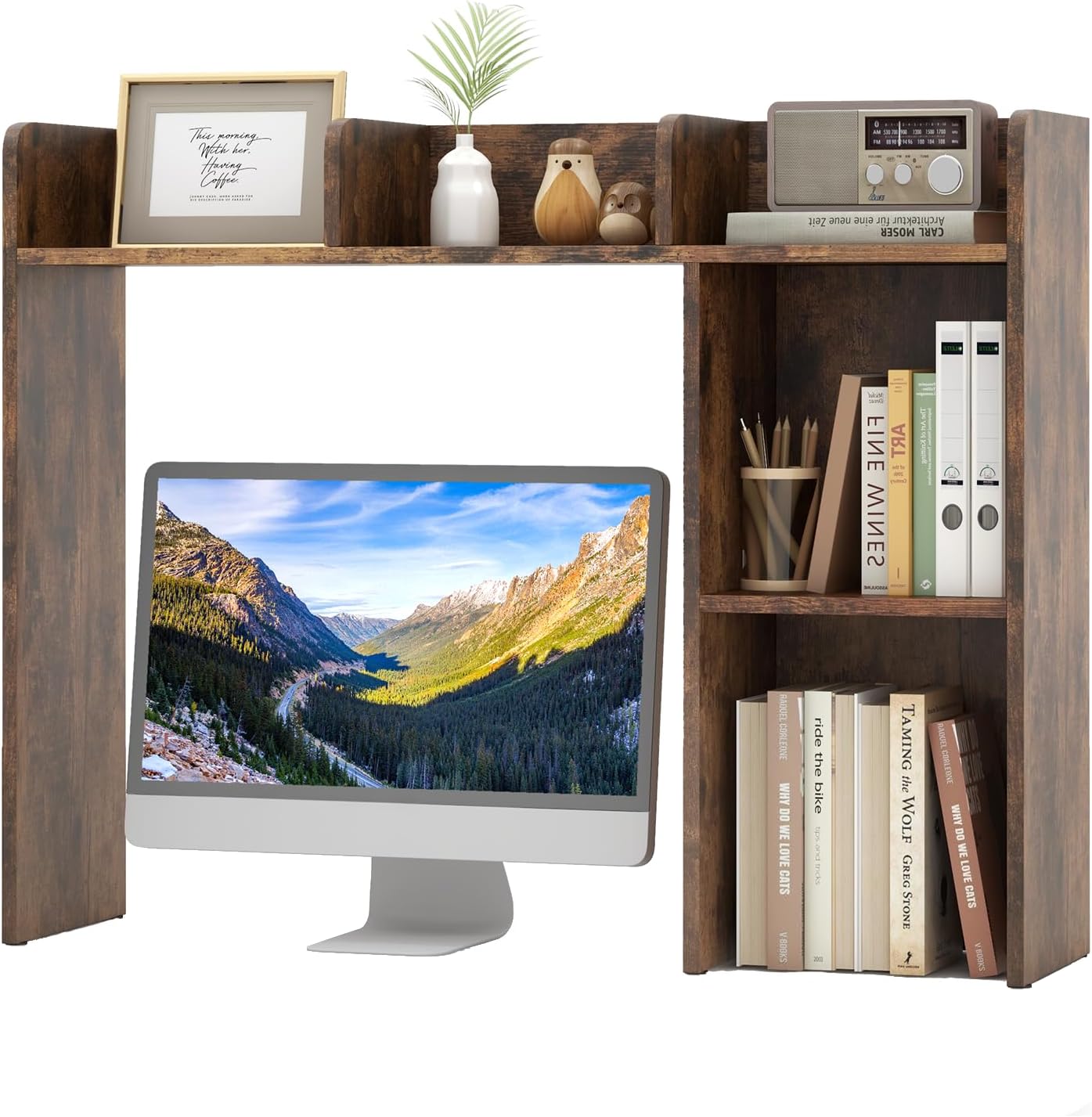 Tangkula Desktop Bookshelf, Countertop Storage Hutch with 5 Shelves for Computer Desk, Desktop 3-Tier Display Rack, Multipurpose Wood Desktop Hutch Storage Organizer for Dorm Office, Brown