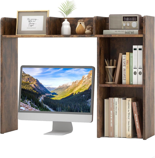 Tangkula Desktop Bookshelf, Countertop Storage Hutch with 5 Shelves for Computer Desk, Desktop 3-Tier Display Rack, Multipurpose Wood Desktop Hutch Storage Organizer for Dorm Office, Brown