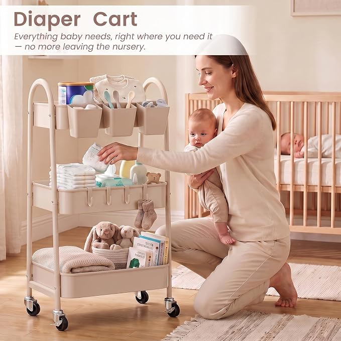 3-Tier Rolling Cart, Utility Cart Mobile Metal Rolling Storage Cart with Lockable Wheels & Hanging Cups & Hooks for Kitchen, Bathroom, Office, Workshop, Beige