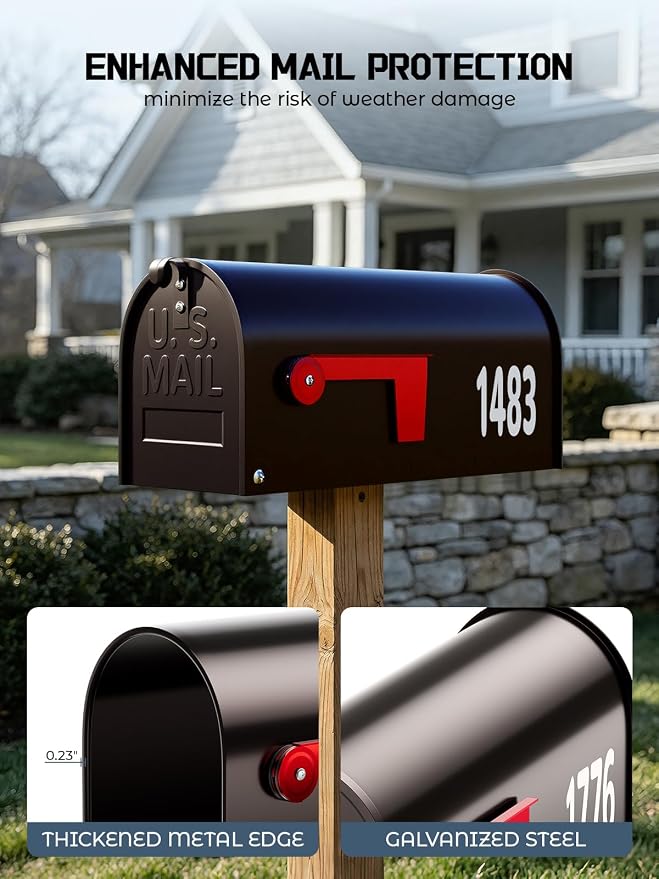 AZUNO Mailboxes for Outside, Metal Post Mount Mailbox with Red Flag & Address Numbers, Medium Capacity Mailbox for House, Galvanized Steel,19 * 8.9 * 7.1 inches, Dark Bronze