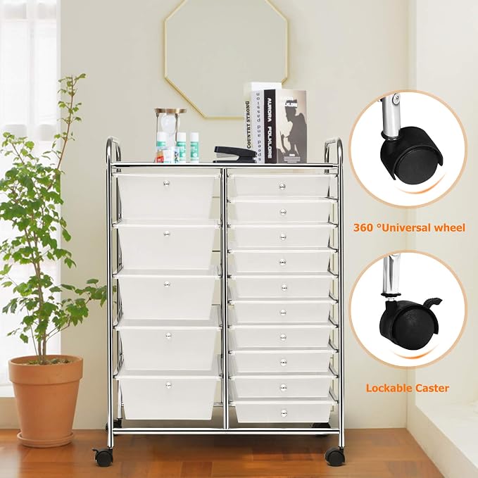 GLACER 15 Drawers Rolling Storage Cart, Steel Frame Craft Organizer Cart | Utility Cart w/Lockable Wheels & Sleek Handle, Mobile Art & Tool Supply Trolley for Teacher, Home, School, Office (Clear)