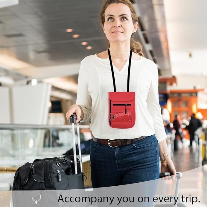 RFID Blocking Travel Neck Wallet Pouch and Passport Holder, Travel Neck Pouch Passport Holder for Women & Men - Red