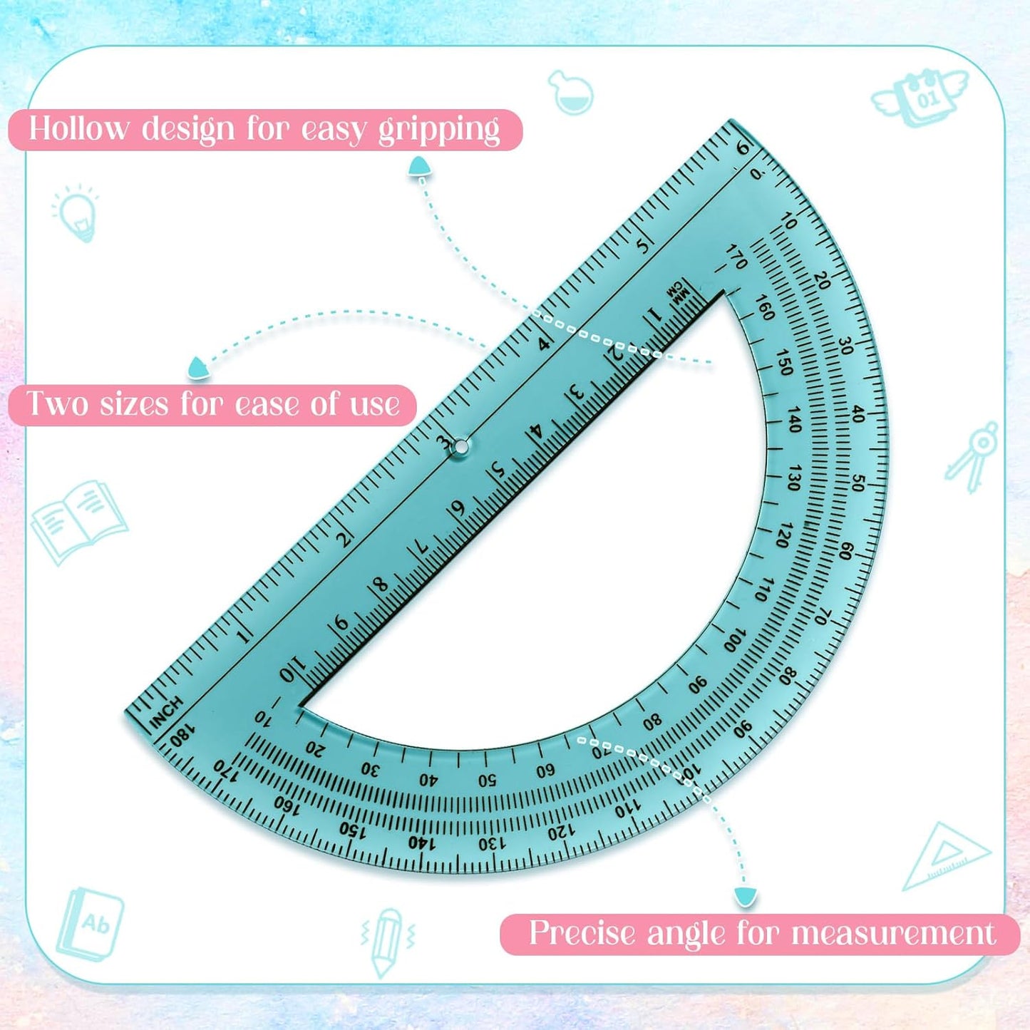 72 Pcs of Colorful Plastic Protractors 180 Degrees 6 Inches Mathematical Protractor Translucent Geometric for Learn Office Measurement Drawing