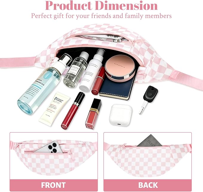 Crossbody Fanny Pack for Women Pink Checkered Bag with 4-Zipper Pockets | Pink and White Checkered, Stylish,Large Capacity,Hands-Free ,Idea for Enjoy Shopping Sports Traveling Running Casual