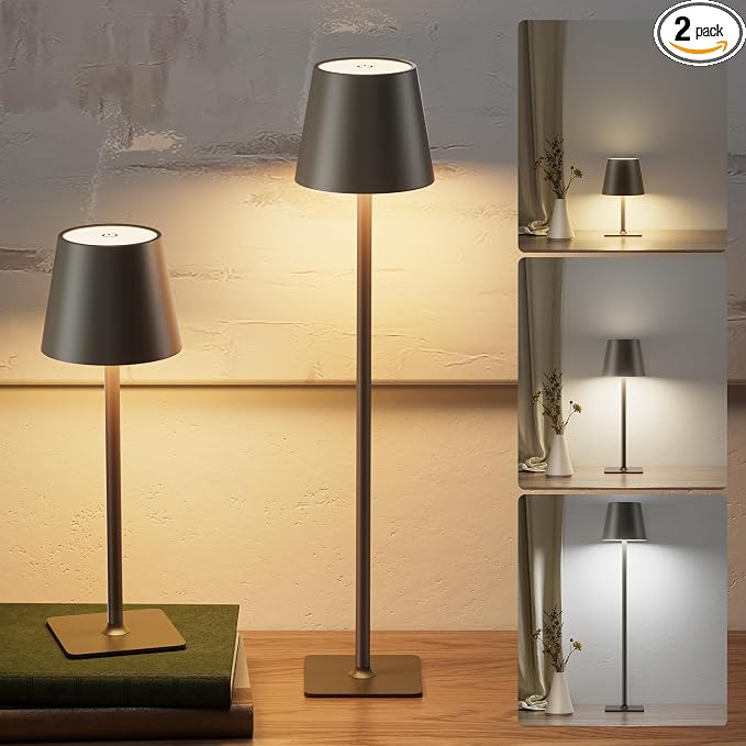 JACKYLED Cordless Lamp DIY Height, 3 Color Stepless Dimming, 5000 Capacity Operated Lamp Portable Rechargeable for Bedroom Dinning Kitchen, Golden Bronze, 2 Pack
