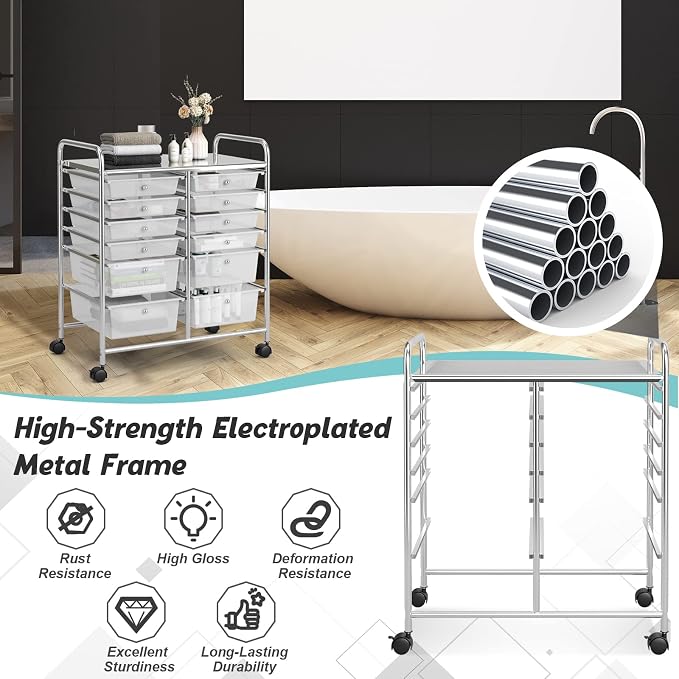 COSTWAY 12-Drawer Rolling Storage Cart, Moveable Art Craft Organizer | Lockable Wheels, Metal Shelf, Files Arrangement Tools Makeup Storage Cart for Office, Home, School (Clear)