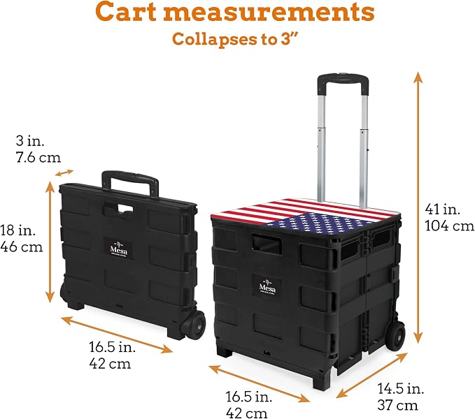 Collapsible Ultra-Slim Pack-N-Roll,2 Wheel Utility Cart w/Lid Used as Seat up to 250 Lbs, Telescopic Handle, Super Strong, for Home,Garden,Shopping,Office,School, Large, American Flag