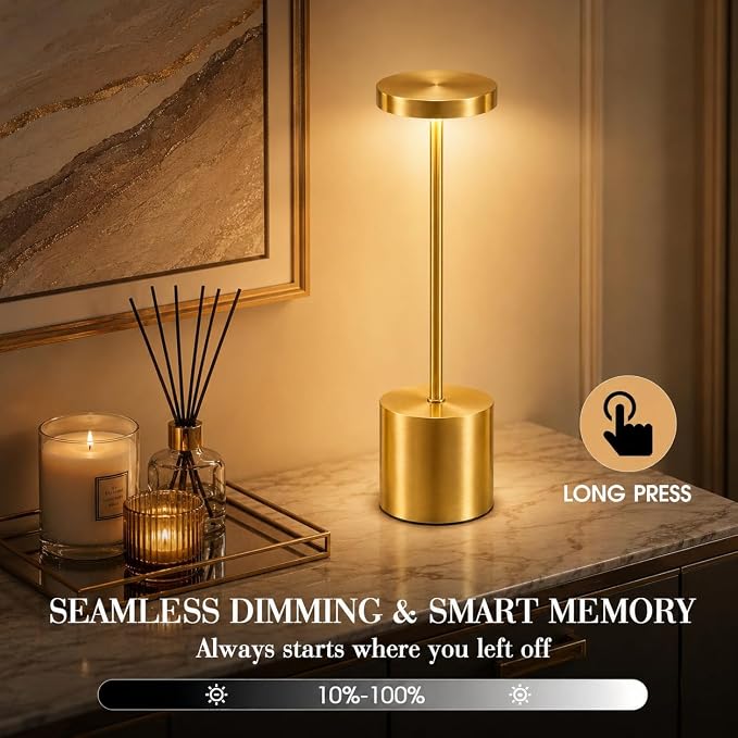 AUDLES Gold Cordless Table Lamps Set of 2, Brass Rechargeable Lamp, Battery Operated Lamps for Wedding Centerpiece & Holiday Tablescape, Touch Dimmable Glam Bedroom Nightstand Lamp, IP54 Waterproof