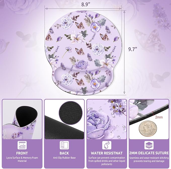KONVINIT Ergonomic Mouse Pad with Wrist Rest, Small Mousepad with Non-Slip Rubber Base and Smooth Surface, Purple Mouse Pads for Desk, Office Desk Accessories