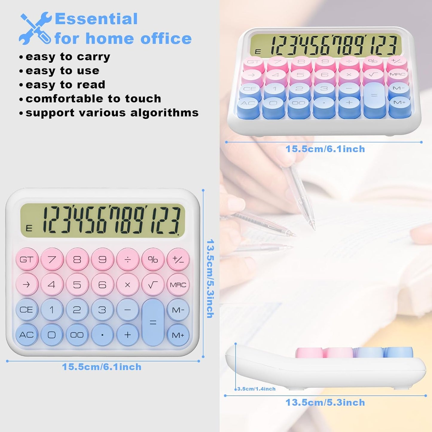 Mechanical Calculator 12 Digit Extra Large 5-Inch LCD Display, DECKLIT Battery Desk Calculator, Big Buttons Easy to Press Use as Office Calculators Desktop, 15°Tilt Screen for Kids Calculator(White)