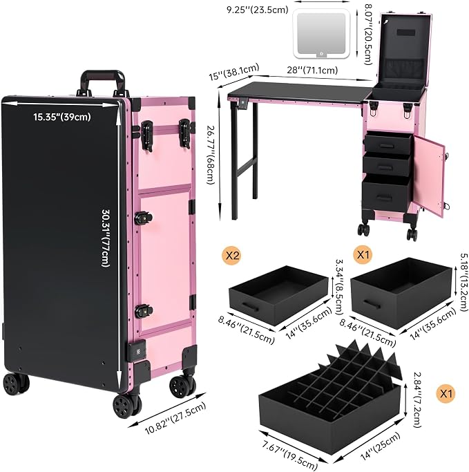 Rolling Portable Manicure Table with 3 Drawers, Lockable Makeup Train Case with Detachable Mirror, Foldable Nail Desk with Wheels & Handle, Mesa de Uñas Profesional para Nail Techs & Salon Use, Pink