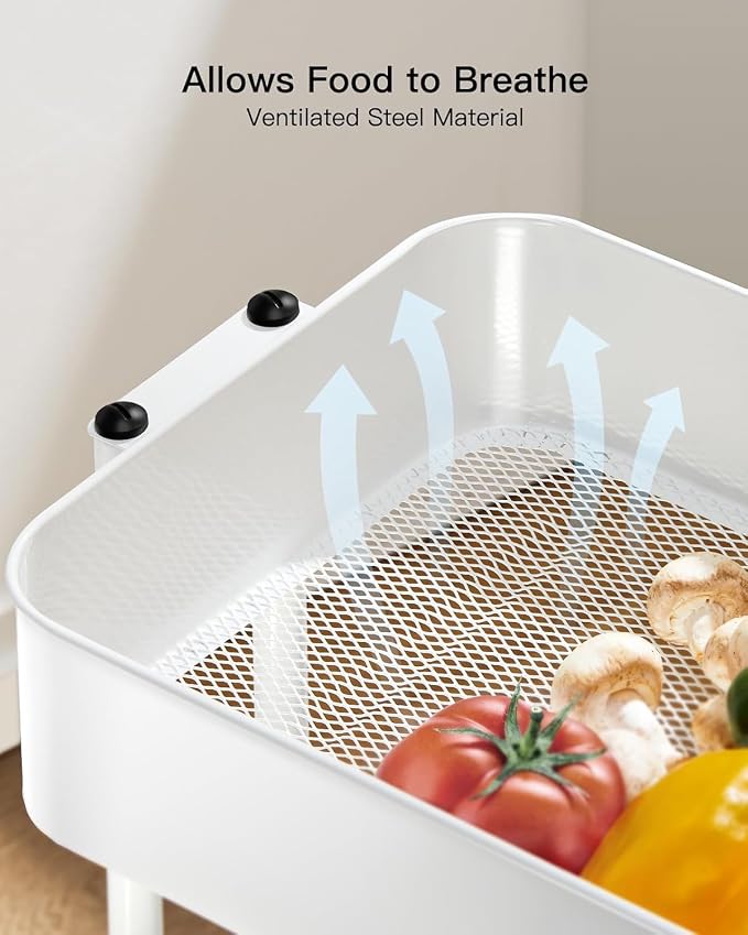 Pipishell 4 Tier Metal Rolling Utility Cart with 2 Lockable Wheels, White | 360° Rotating Wheel, Heavy-Duty Steel, Sturdy Dual Columns, Ventilated Mesh, Hold 22 lbs per Shelf, for Kitchen & Living Room