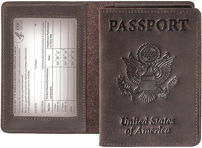 Genuine Leather Passport and Vaccine Card Holder Combo, RFID Blocking, Coffee, Unisex