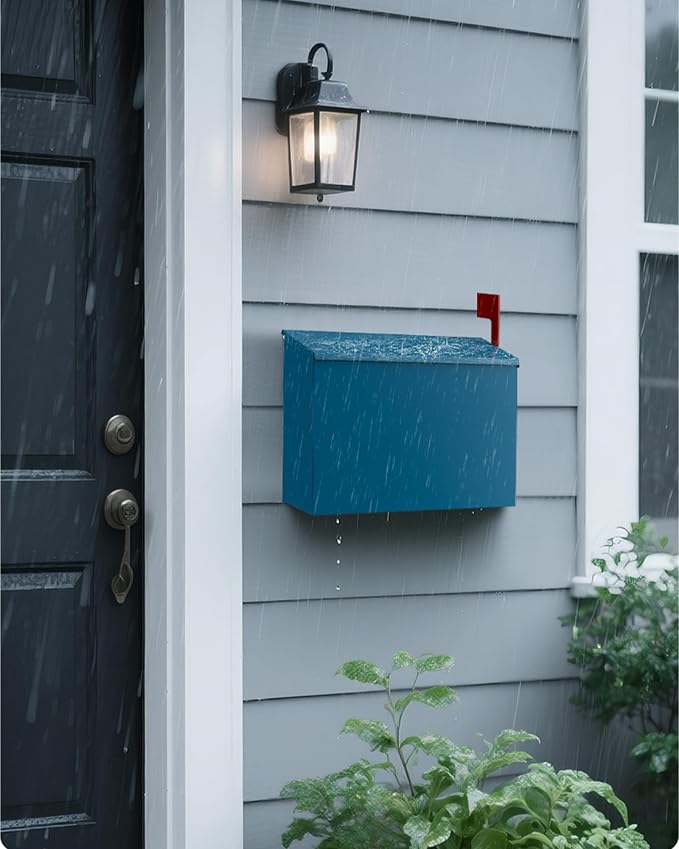 Wall-Mount Mailbox for Outside, Large Capacity Rust-Proof Mail Box with Stay-Open Lid & Red Flag Kit, Galvanized Steel Weather-Resistant Post Box for House Outside, 10.5"x4.3"x14.2", Blue