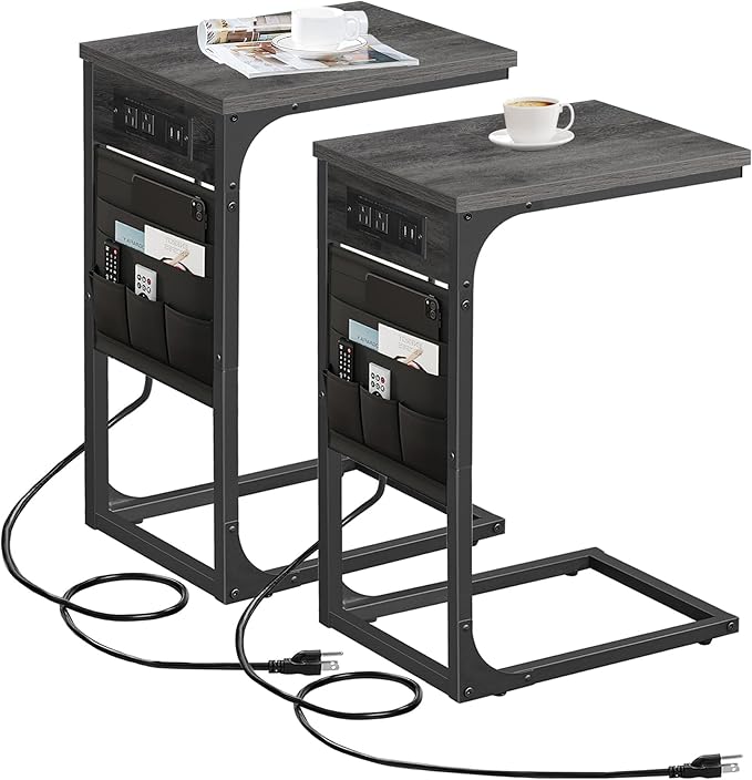 TUTOTAK C Shaped End Table with Charging Station, Side Table for Sofa | Couch Table with Storage Bag, TV Tray with 2 USB Ports and Outlets, Set of 2, Living Room and Bedroom, Grey TB01BY0242