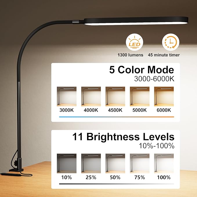 Led Desk Lamp - Desk Light for 33.5" Tall - Flexible Gooseneck - 5 Color Modes X 11 Brightness Levels - 1300LM - Timmer & Memory Function - 12W Clip on Light - Black