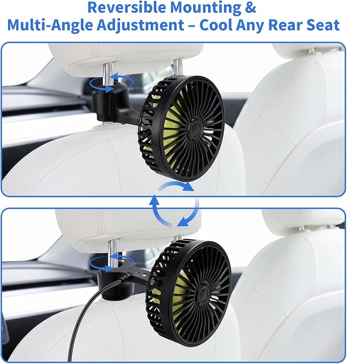 Kwak's Car Fan for Back Seat Clip-on USB, 3-Speed Quiet Portable | 55" Long Cord|Built-in Fragrance Slot|5 Quiet Blades| Reversible Mount| fits Headrest Rods|for Car/Office/Home.