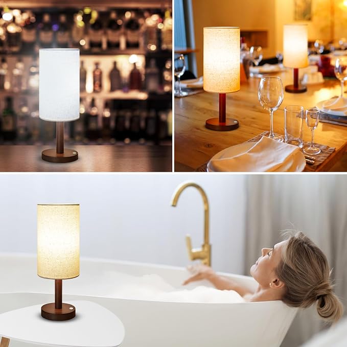 LALISU Cordless Table Lamp, 3 Color Dimming Portable Battery Lamp, Touch Control Wood Base Small Bedside Lamps for Night Stands, Living Room, Office(LED Bulb Included) (Cordless Wood Base)