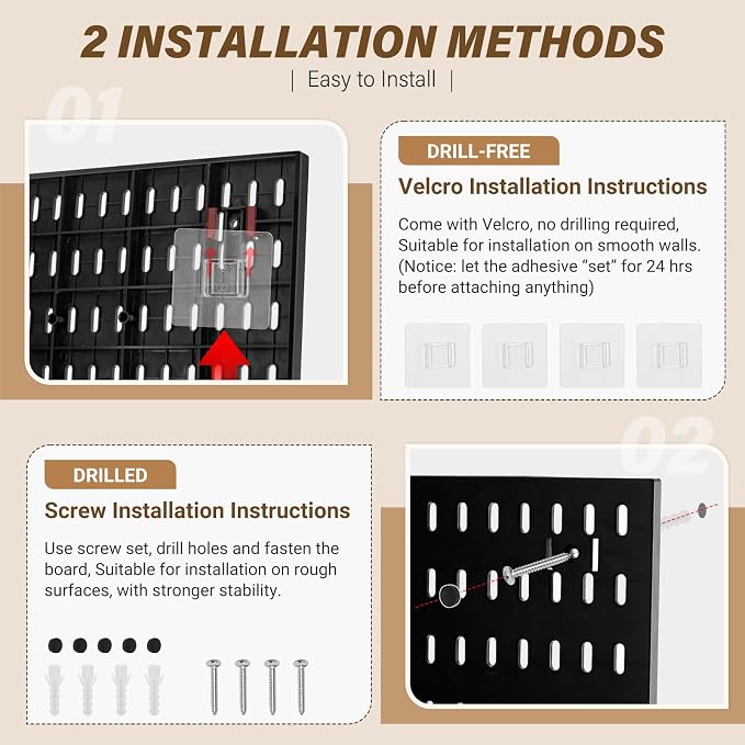 AKTOP Modular Plastic Peg Board Wall Organizer, 4 Pack, 12"x12", Black | ABS Material, Adhesive or Drill Mounting, Ideal for Office, Gaming Room, Craft Room