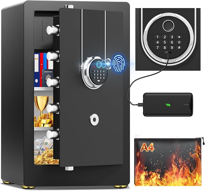 6.6 Cu Ft Fireproof Biometric Safe for Home Office | Large Heavy Duty Safe Box with Fingerprint & Keypad, Document Safe with Hidden Compartment, Anti-Theft Alarm, Fireproof Bag