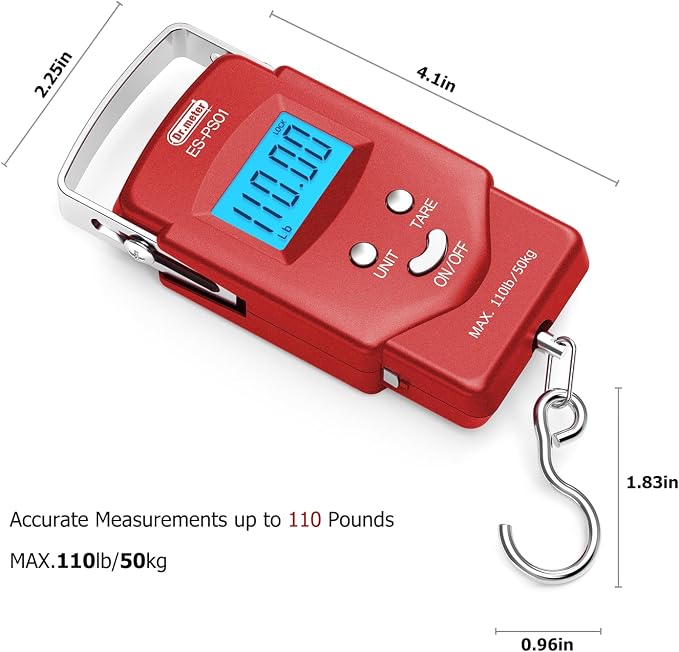 Dr.meter Fish Scale, 110 lb Digital Luggage Scale with Tape | 110 lb Capacity, Backlit LCD, Built-In Tape, Includes 2 AAA Batteries, Compact Pocket Size